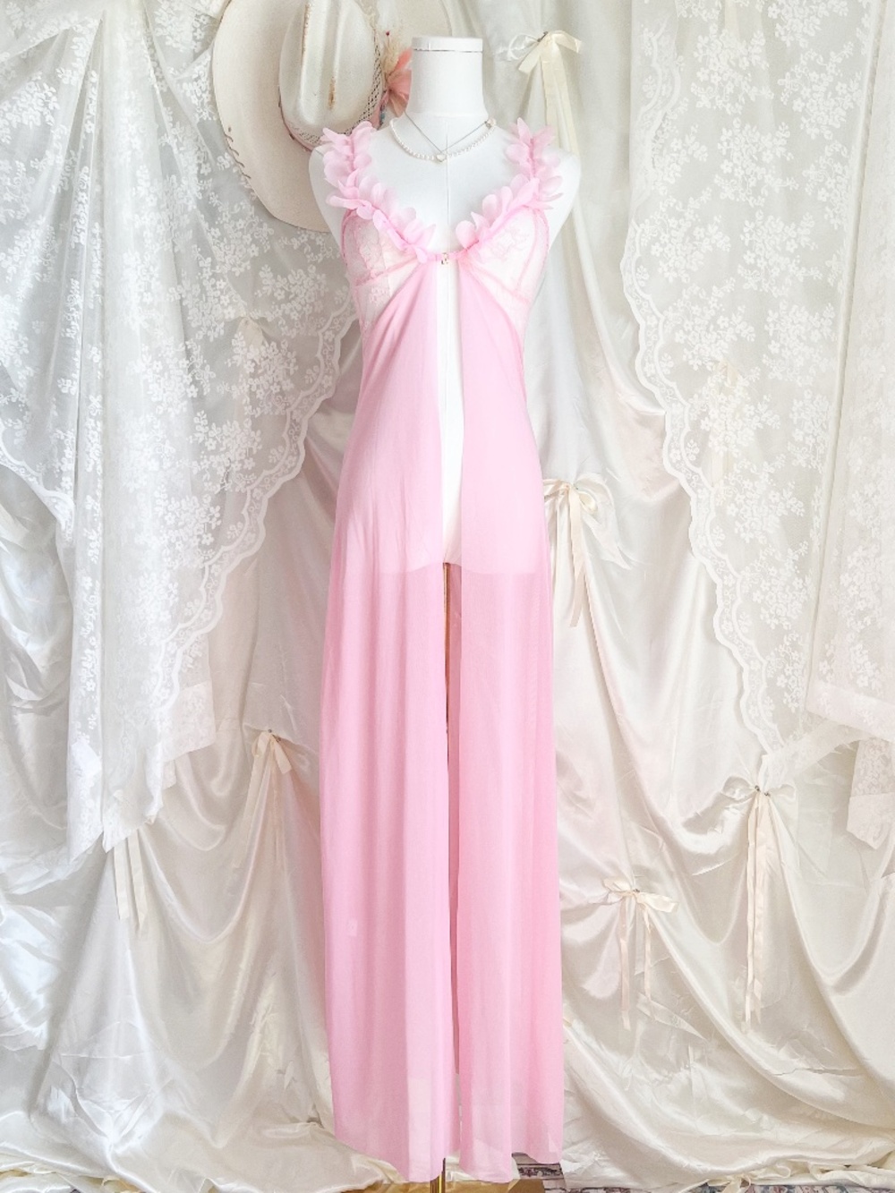 Pink Sheer Mesh Peignoir – Fairycore Floral Lingerie Robe